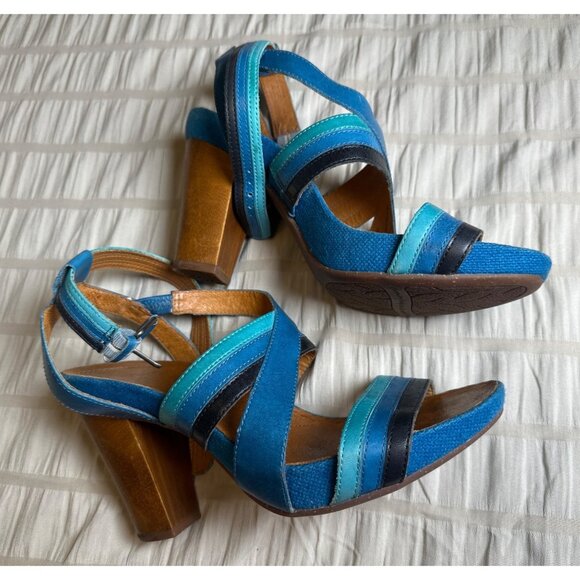 NAYA Mint Blue Black LEATHER Women Size 8 1/2 M Ankle Strap BAMBOO Heeled Sandal - Picture 2 of 9